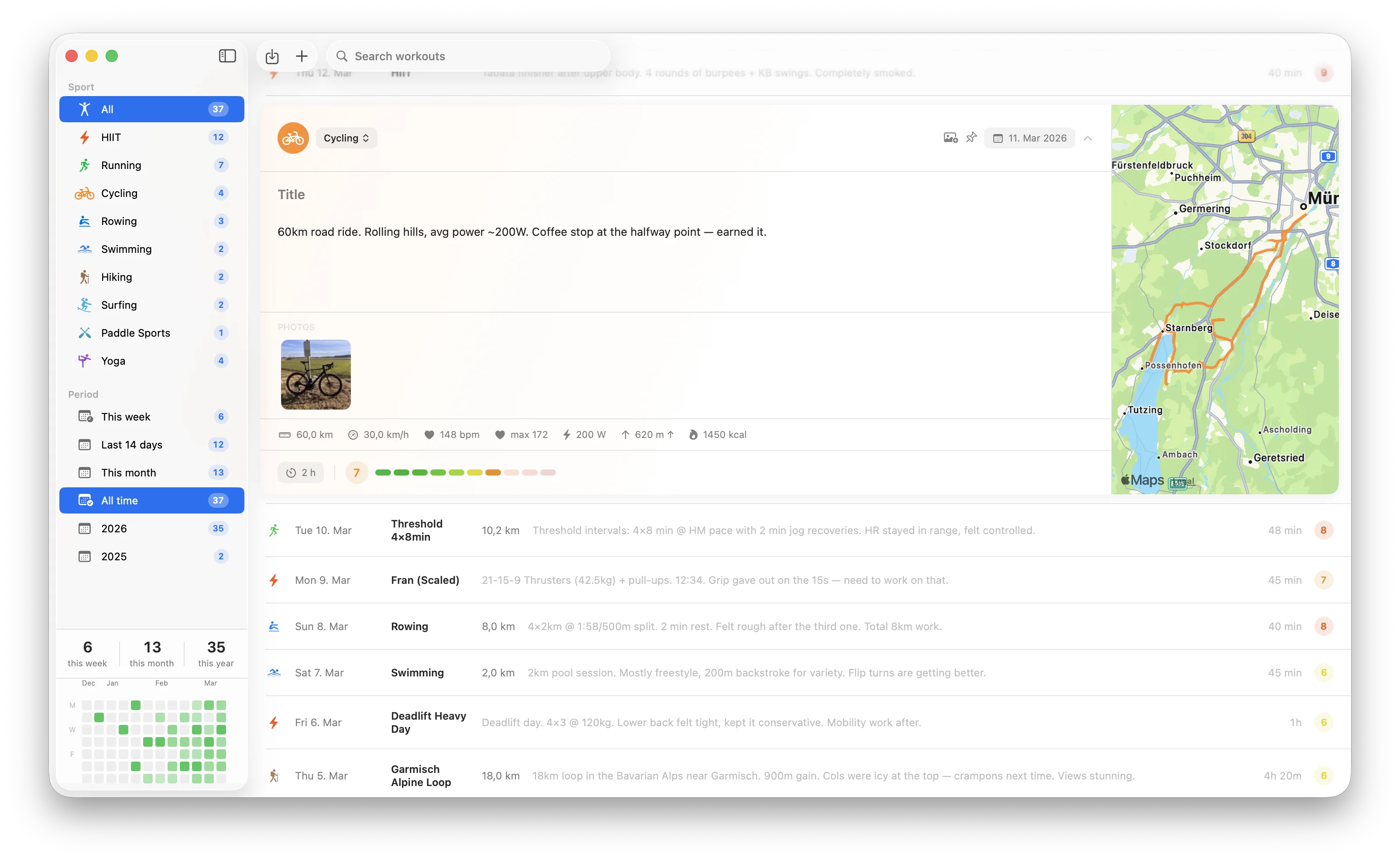 Sweat Diary on macOS — two-panel layout with sidebar and workout detail view