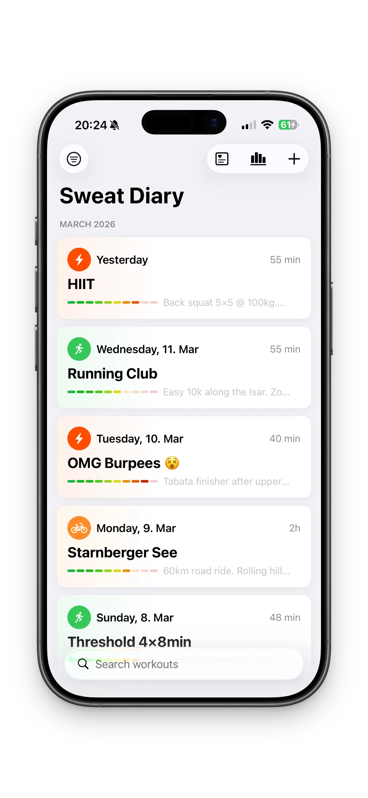 Sweat Diary on iPhone — workout list with sport types and effort indicators